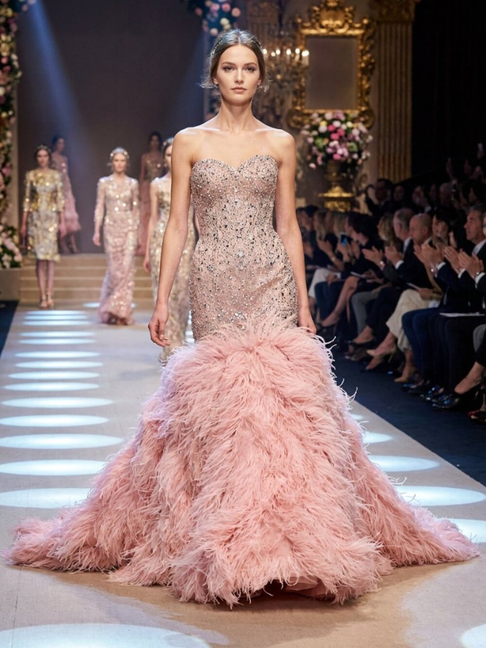 💎Couture Ostrich Feathers Evening Wedding Cocktail Runway Beaded Crystals Dress